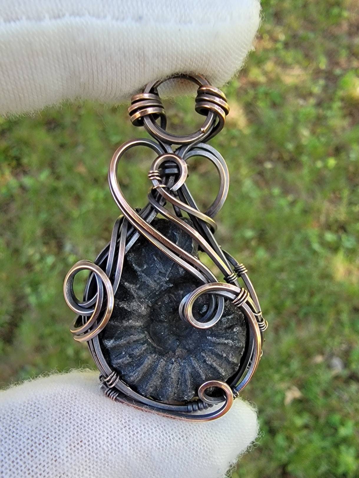 Black Ammonite Fossil - 'Tyet' - Wire Wrap Pendant - Oxidized Copper