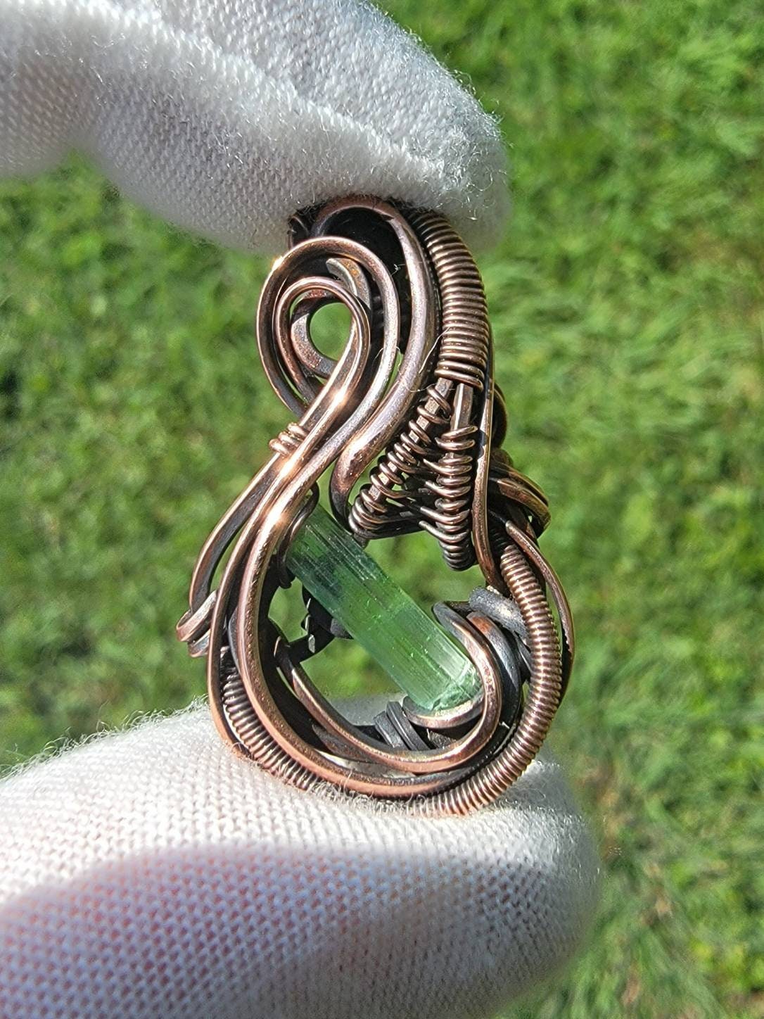 Green Tourmaline - Coil & Flow - Wire Wrap Pendant - Oxidized Copper