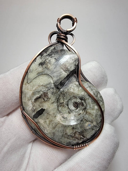 Ammonite Fossil Statement Piece - 'Tyet' - Wire Wrap Pendant - Oxidized Copper