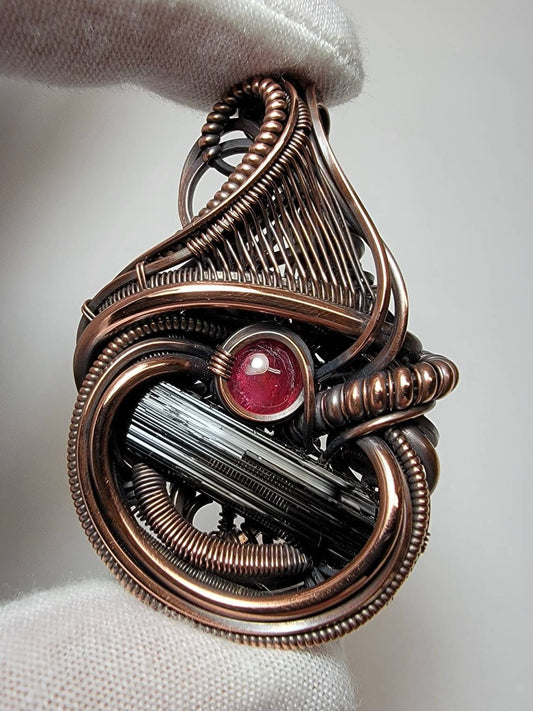Black Tourmaline + Spinel - Coil & Flow - Wire Wrap Pendant - Oxidized Copper