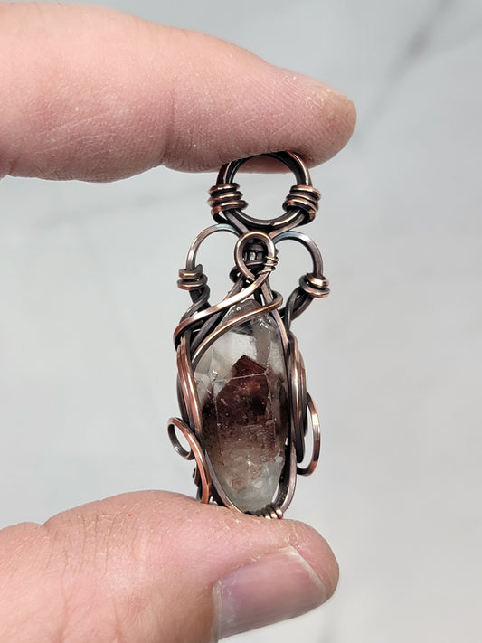 Phantom Quartz Point Crystal Necklace Wire Wrap Pendant Copper Jewelry Tyet Style