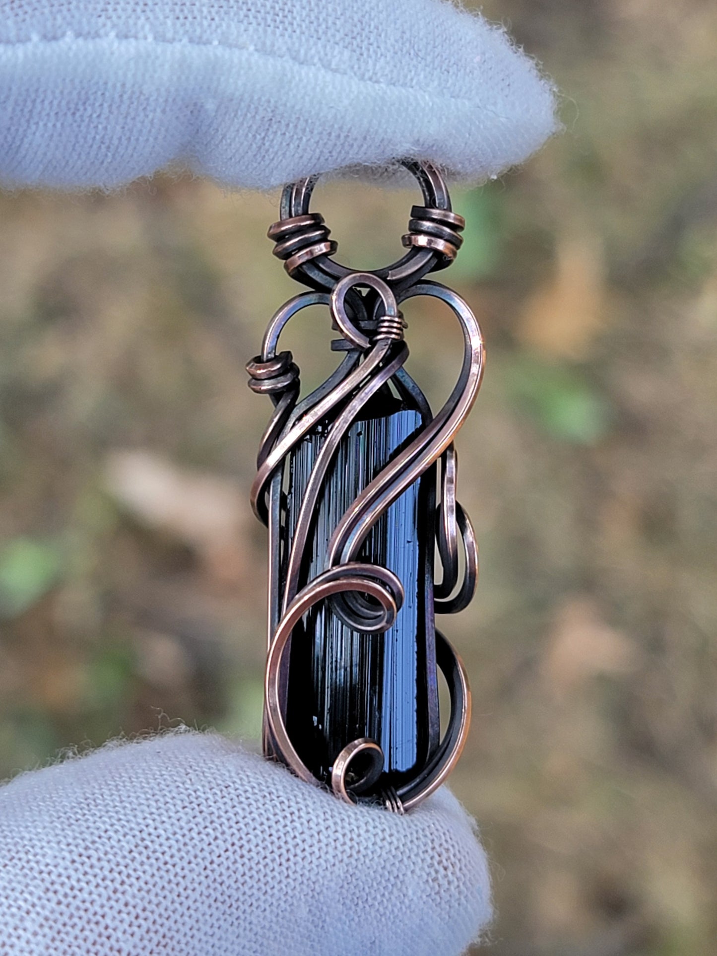 Black Tourmaline Necklace Wire Wrap Pendant Copper Jewelry Tyet Style