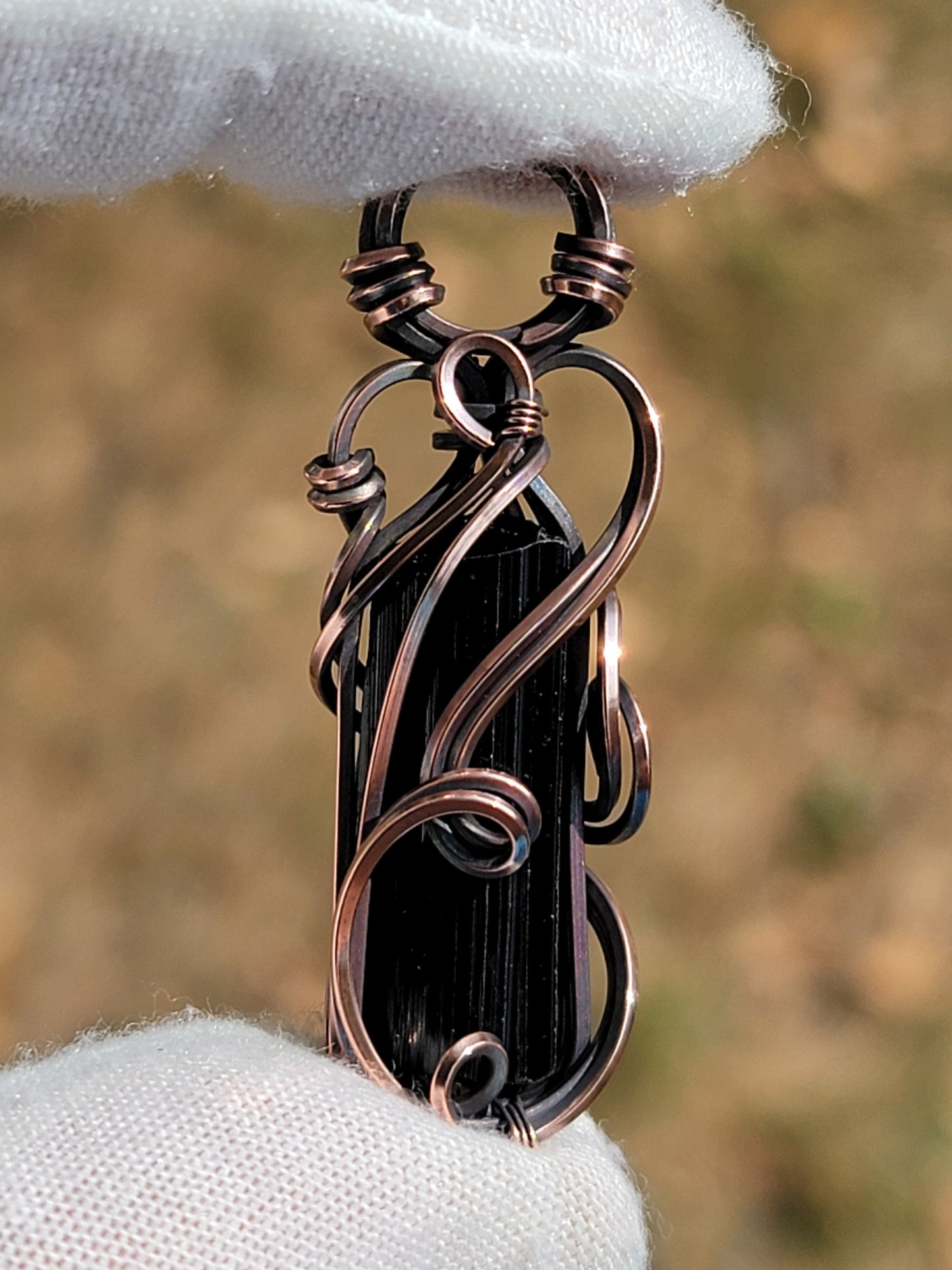 Black Tourmaline Necklace Wire Wrap Pendant Copper Jewelry Tyet Style