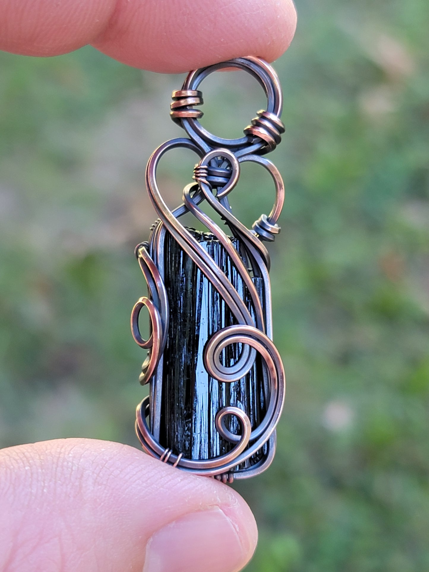 Black Tourmaline Necklace Wire Wrap Pendant Copper Jewelry Tyet Style