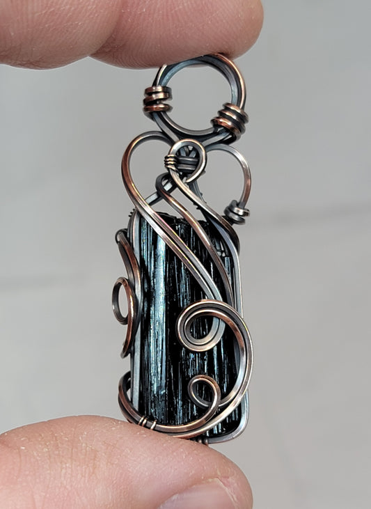 Black Tourmaline Necklace Wire Wrap Pendant Copper Jewelry Tyet Style