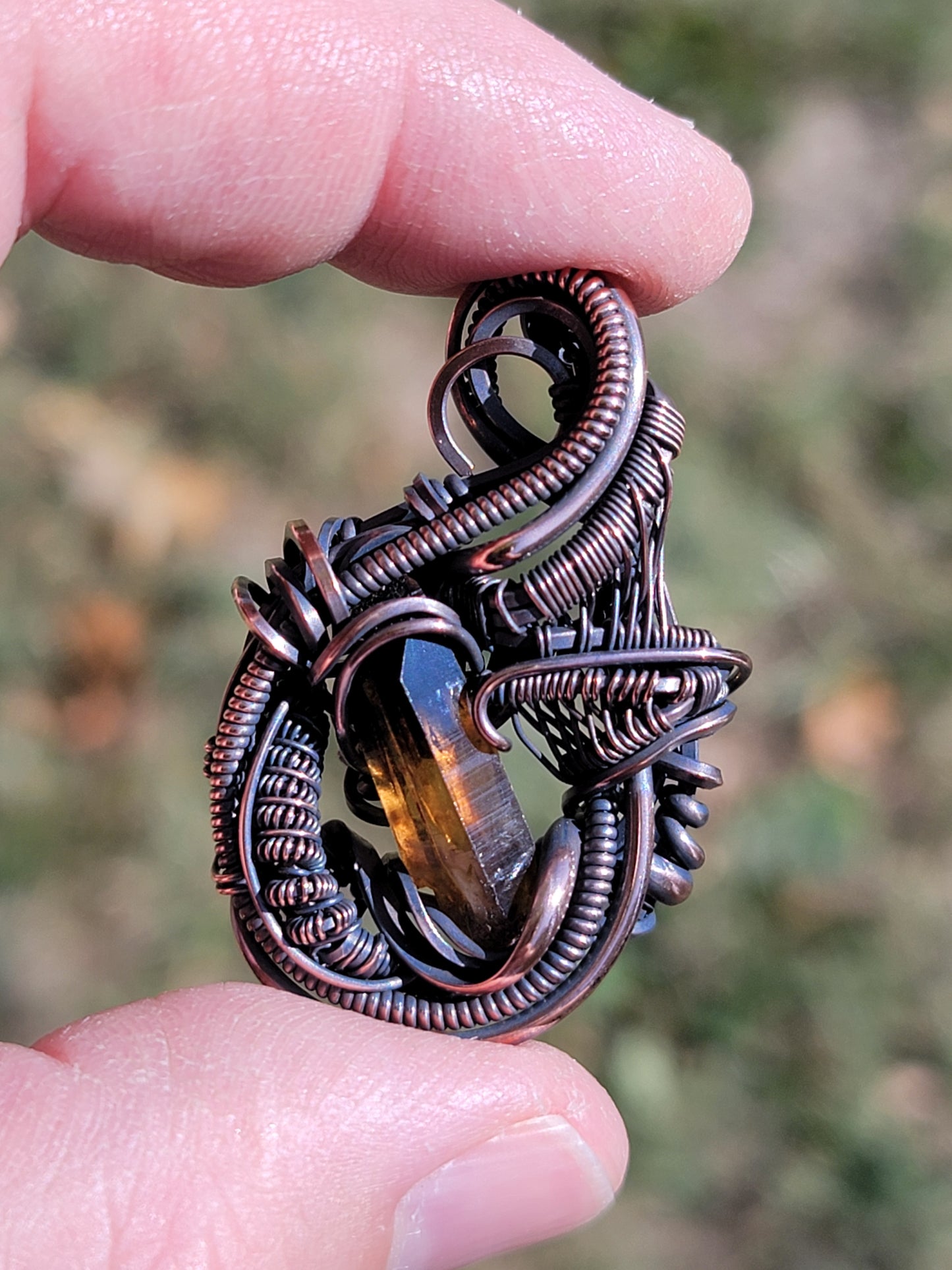 Citrine Crystal Heady Pendant Wire Wrap Copper Jewelry Coil & Flow