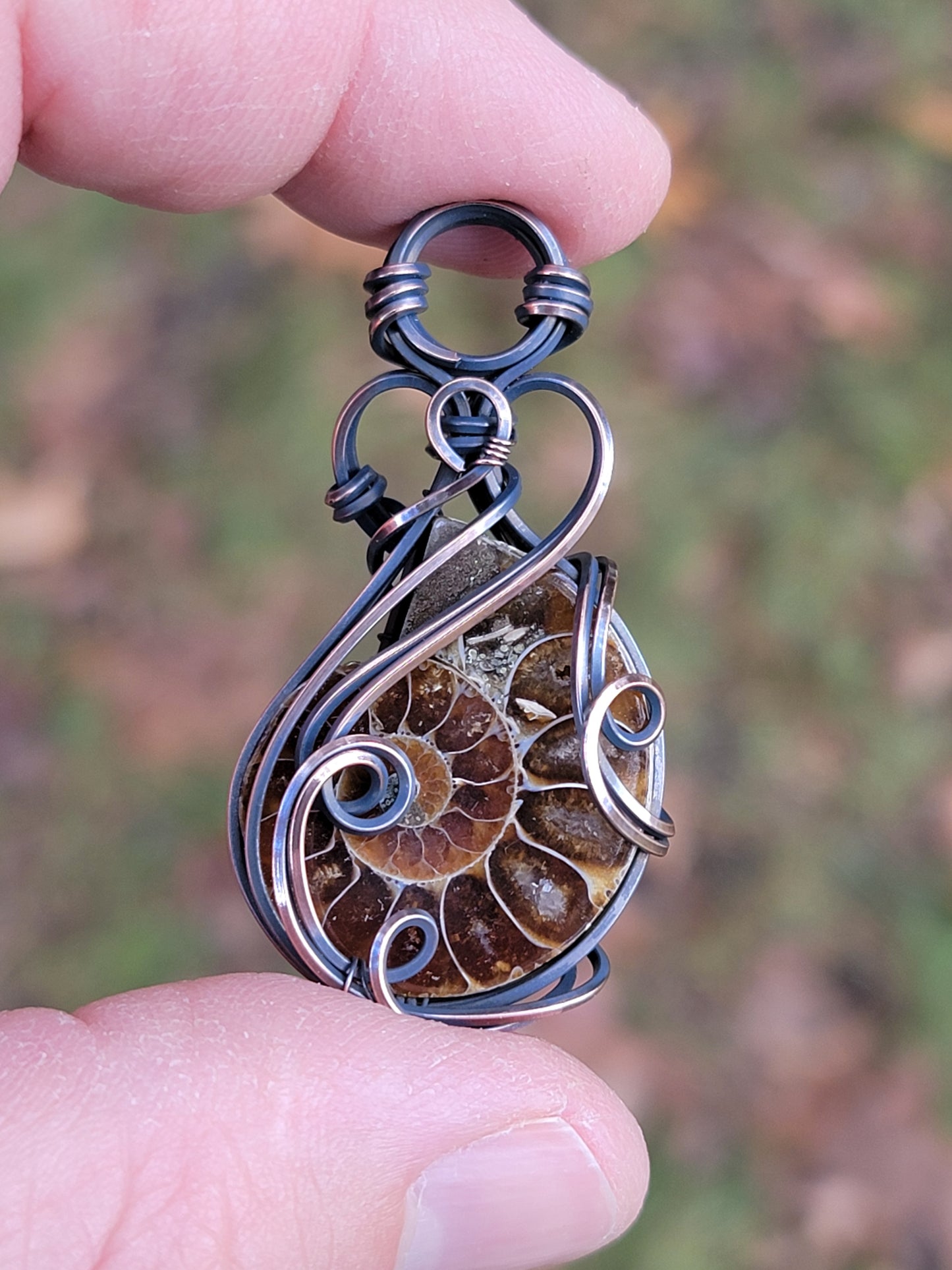 Polished Ammonite Fossil Necklace Wire Wrap Pendant Copper Jewelry