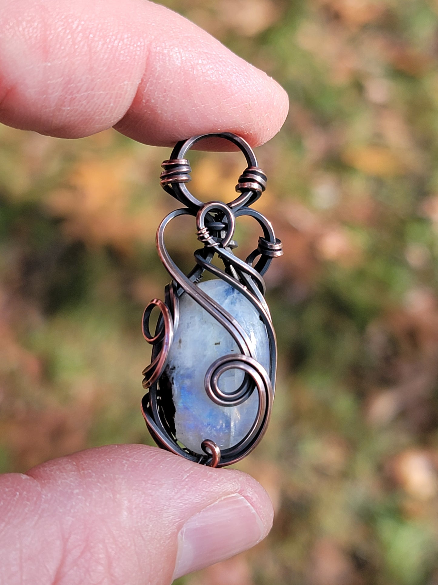 Rainbow Moonstone Black Tourmaline Necklace Wire Wrap Pendant Copper Jewelry Tyet Style