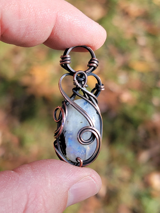 Rainbow Moonstone Black Tourmaline Necklace Wire Wrap Pendant Copper Jewelry Tyet Style