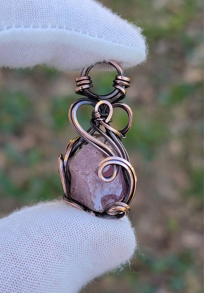 Pink Garnet Necklace - 'Tyet' - Wire Wrap Pendant - Copper Jewelry