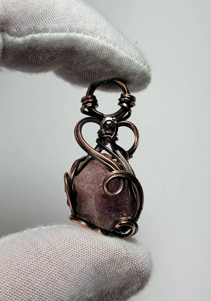 Pink Garnet Necklace - 'Tyet' - Wire Wrap Pendant - Copper Jewelry