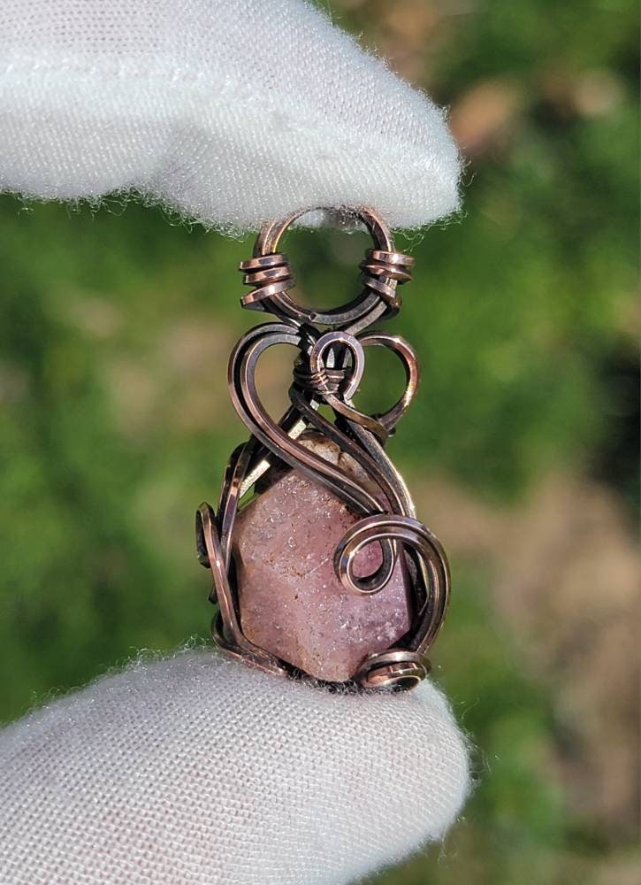 Pink Garnet Necklace - 'Tyet' - Wire Wrap Pendant - Copper Jewelry