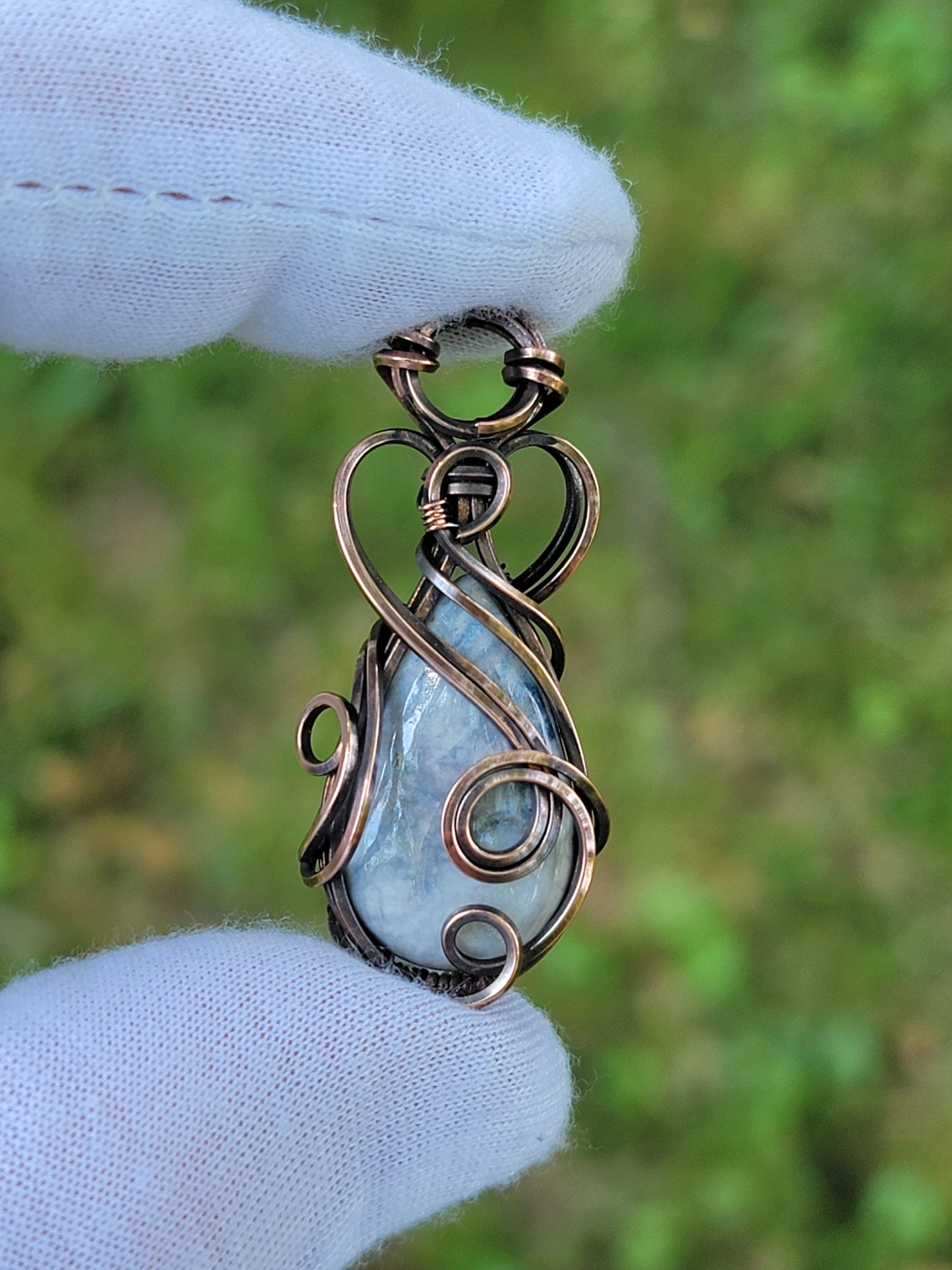 Blue Scheelite Necklace - 'Tyet' - Wire Wrap Pendant - Copper Jewelry