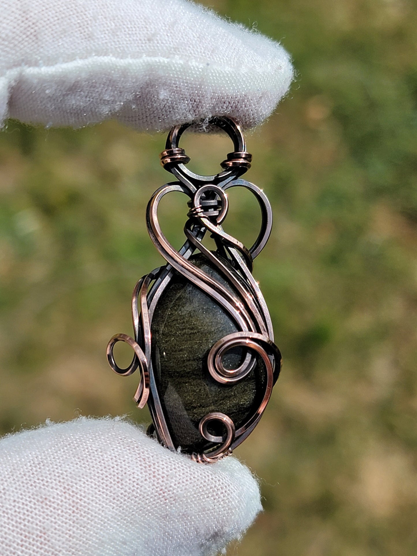 Gold Sheen Obsidian Necklace - 'Tyet' - Wire Wrap Pendant - Oxidized Copper Jewelry