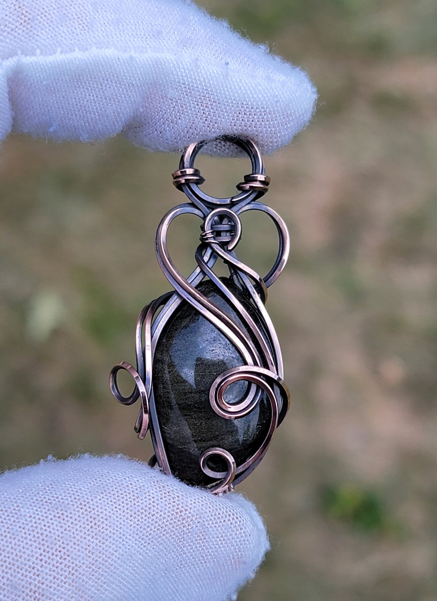 Gold Sheen Obsidian Necklace - 'Tyet' - Wire Wrap Pendant - Oxidized Copper Jewelry