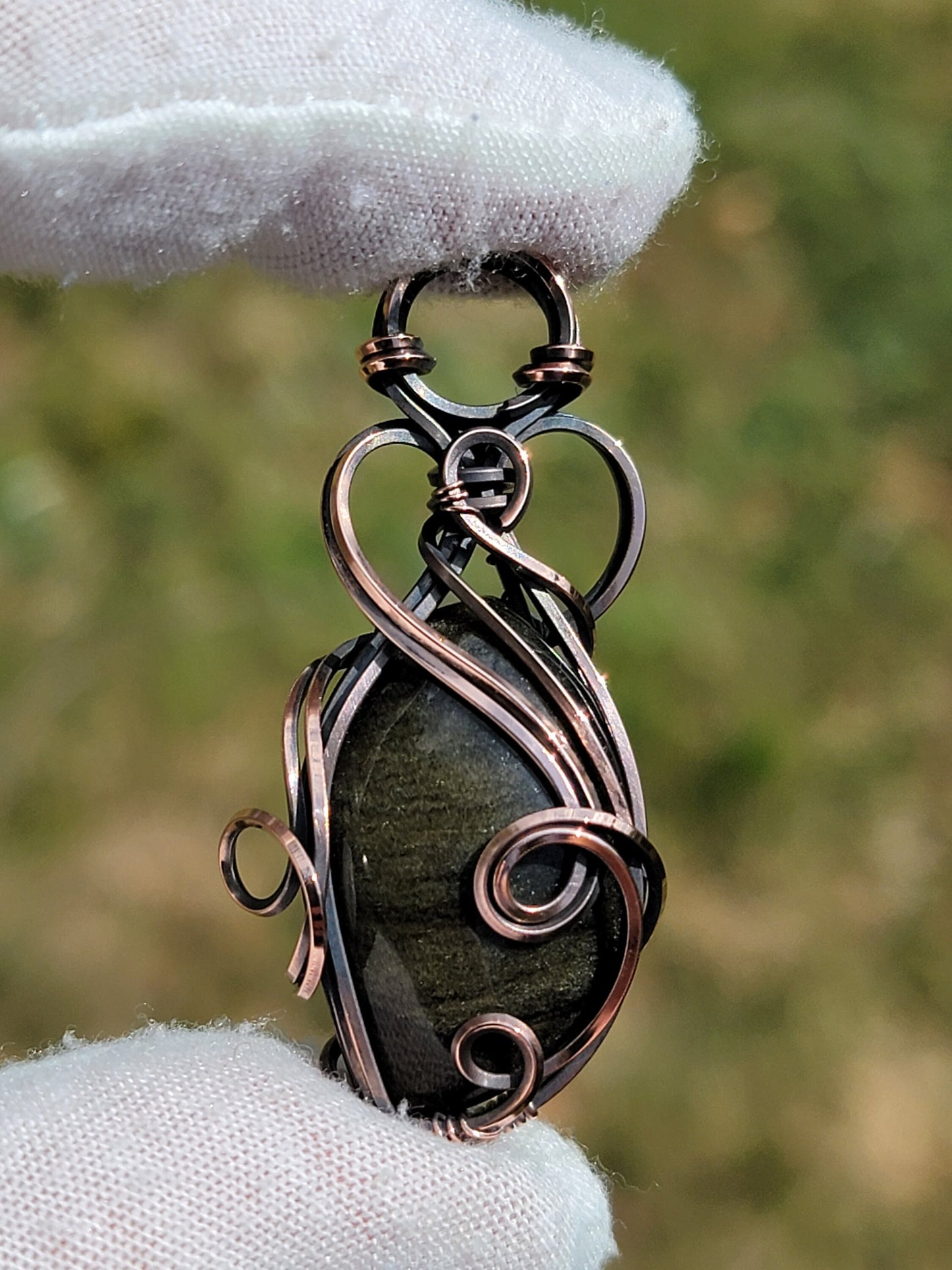 Gold Sheen Obsidian Necklace - 'Tyet' - Wire Wrap Pendant - Oxidized Copper Jewelry