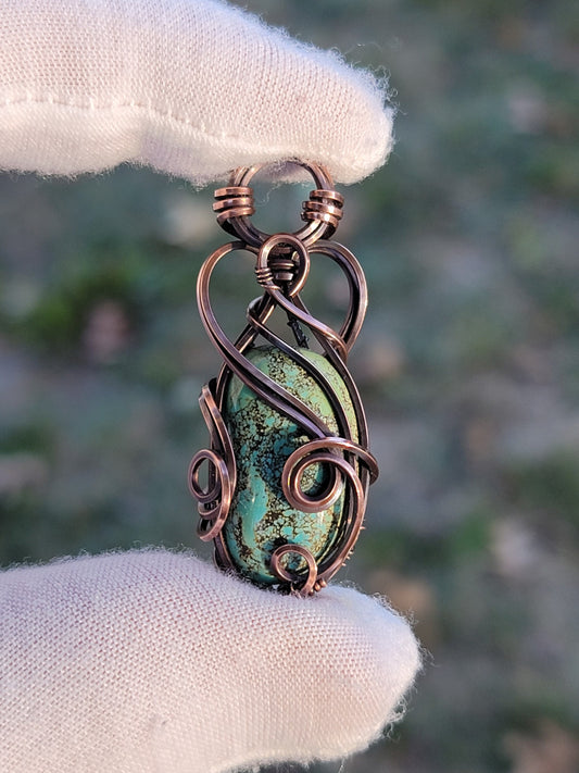 Hubei Turquoise - 'Tyet' - Wire Wrap Pendant - Oxidized Copper