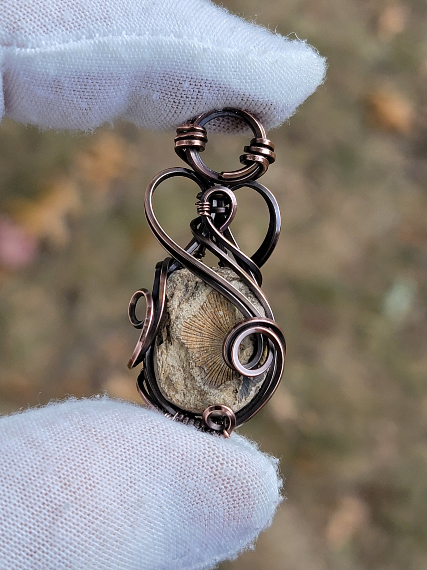 Clamshell Fossil Necklace - 'Tyet' - Wire Wrap Pendant - Copper Jewelry