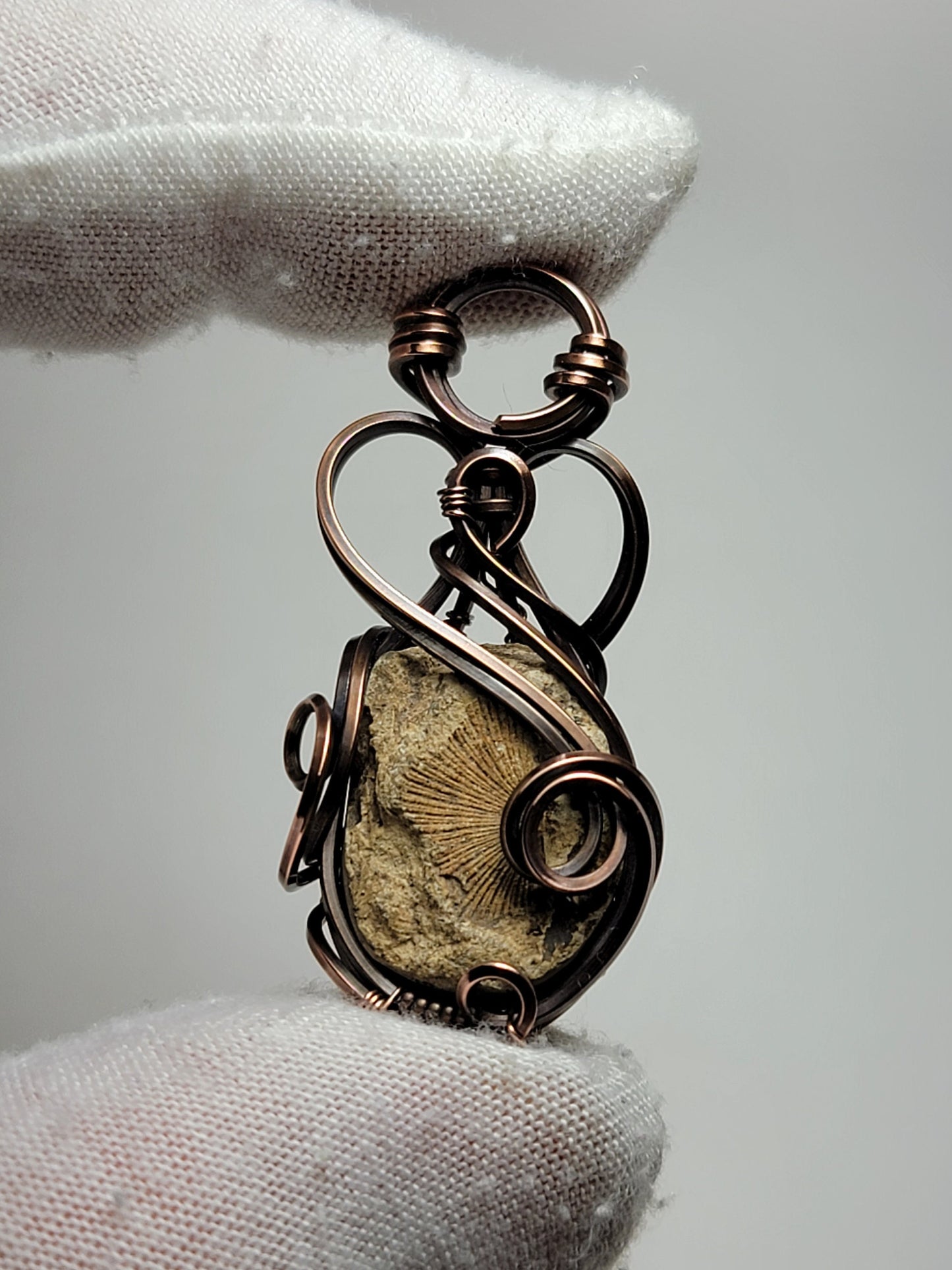 Clamshell Fossil Necklace - 'Tyet' - Wire Wrap Pendant - Copper Jewelry