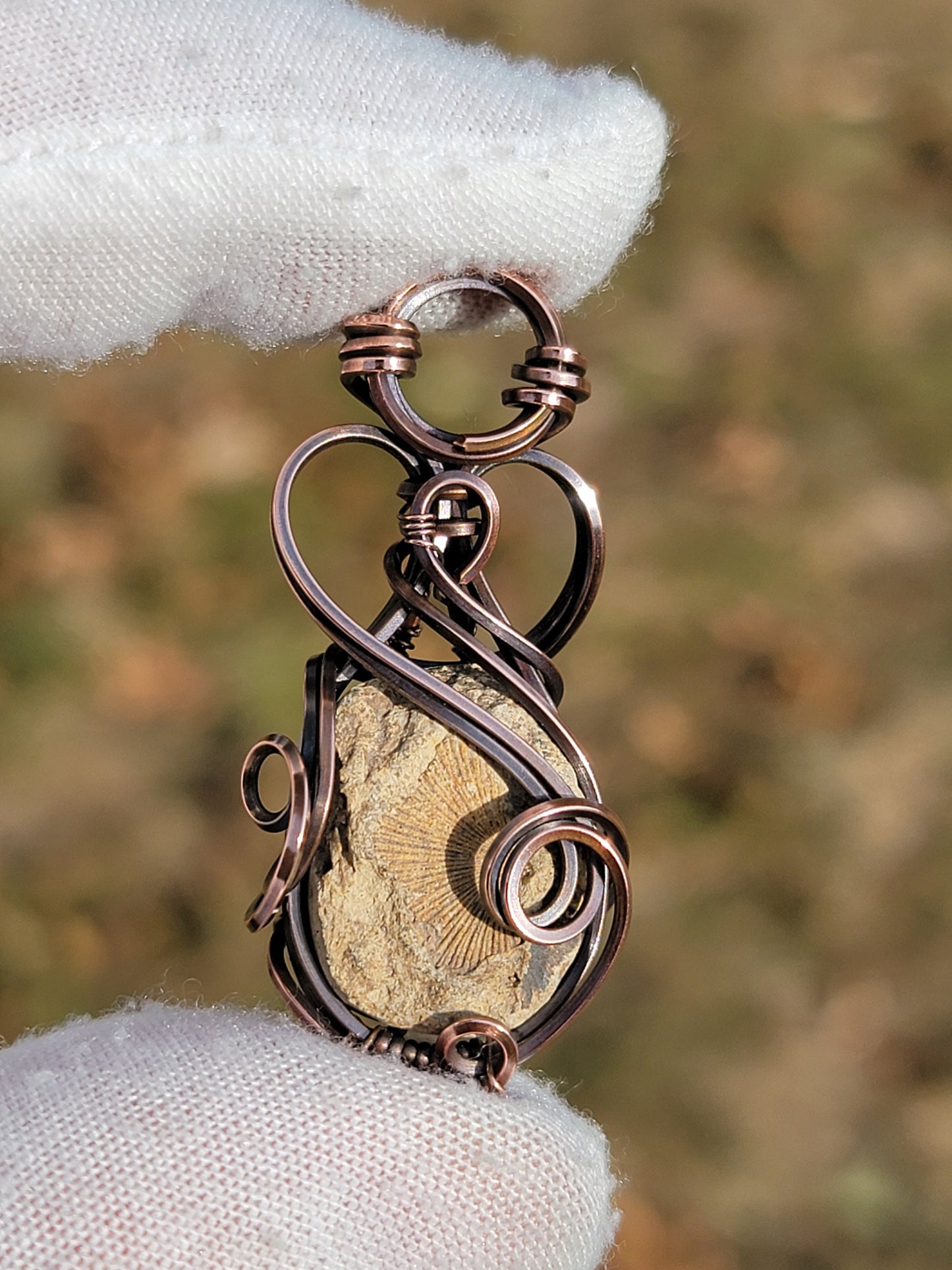 Clamshell Fossil Necklace - 'Tyet' - Wire Wrap Pendant - Copper Jewelry