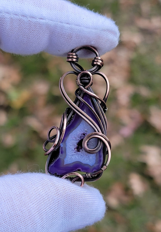 Purple Agate Druzy - 'Tyet' - Wire Wrap Pendant - Oxidized Copper