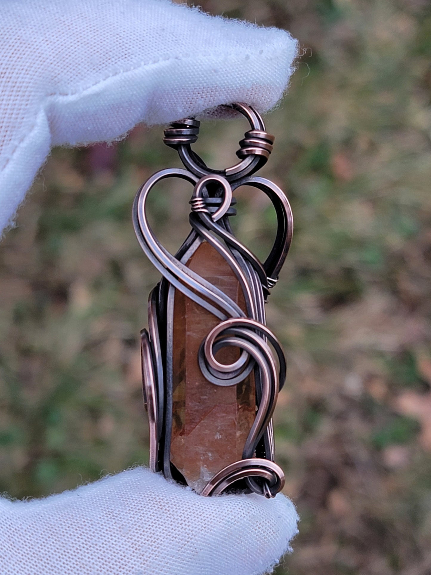 Brazilian Tangerine Quartz Necklace - 'Tyet' - Wire Wrap Pendant - Oxidized Copper Jewelry