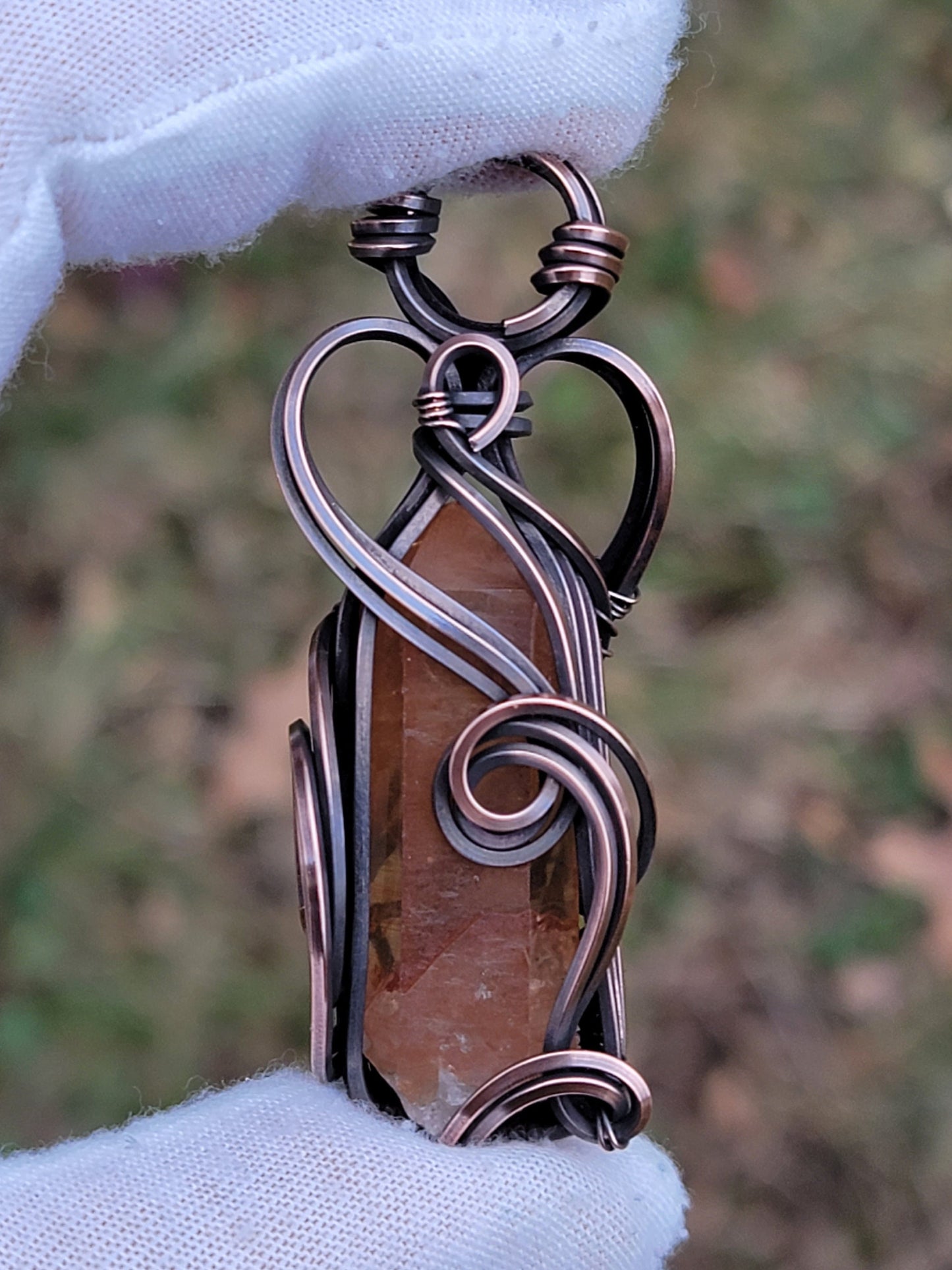 Brazilian Tangerine Quartz Necklace - 'Tyet' - Wire Wrap Pendant - Oxidized Copper Jewelry