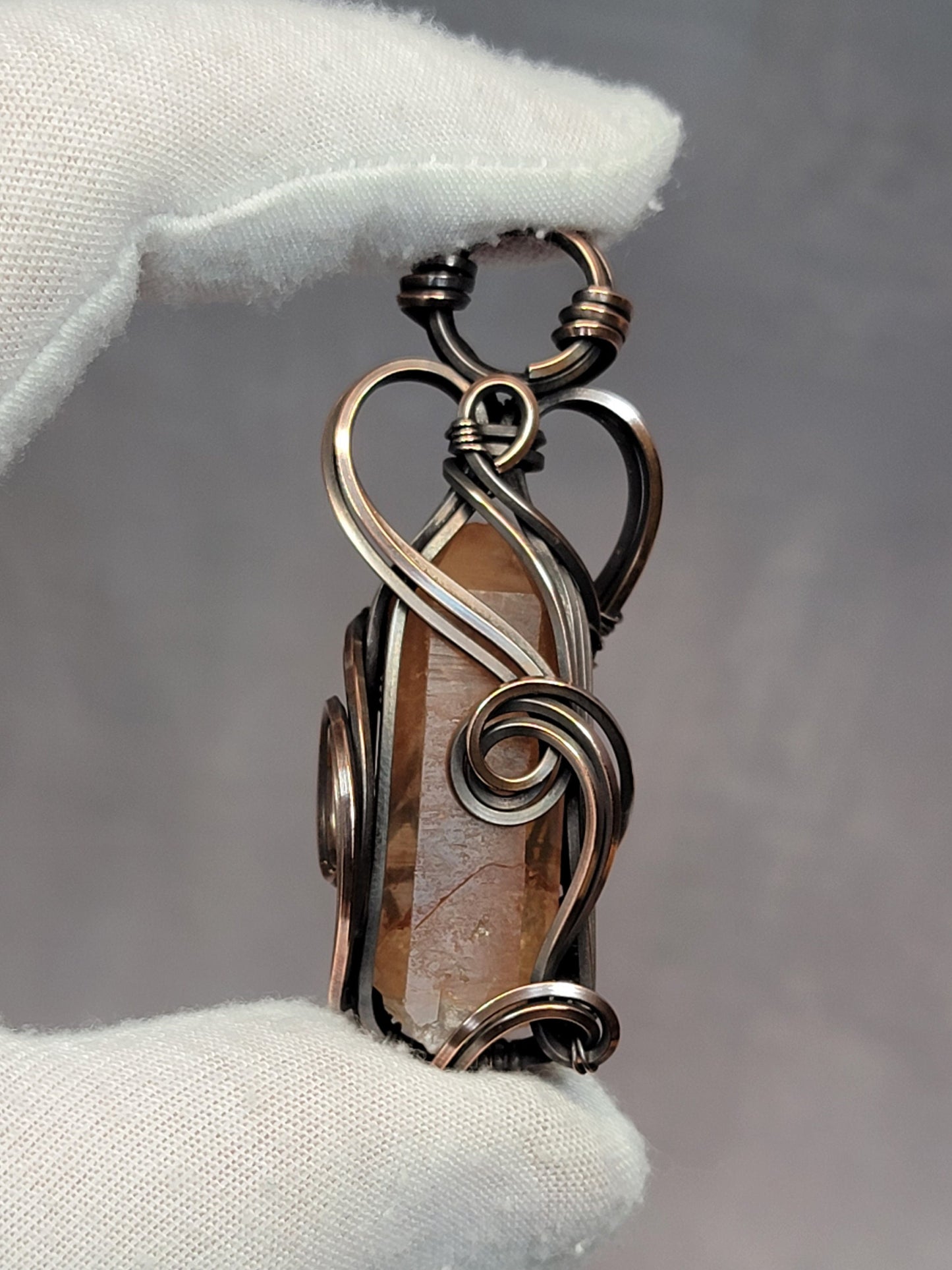 Brazilian Tangerine Quartz Necklace - 'Tyet' - Wire Wrap Pendant - Oxidized Copper Jewelry