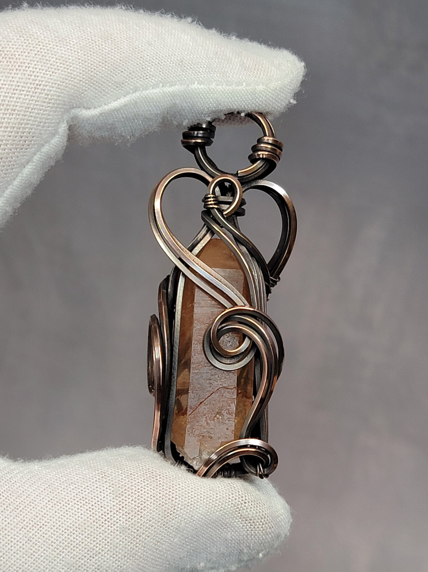 Brazilian Tangerine Quartz Necklace - 'Tyet' - Wire Wrap Pendant - Oxidized Copper Jewelry