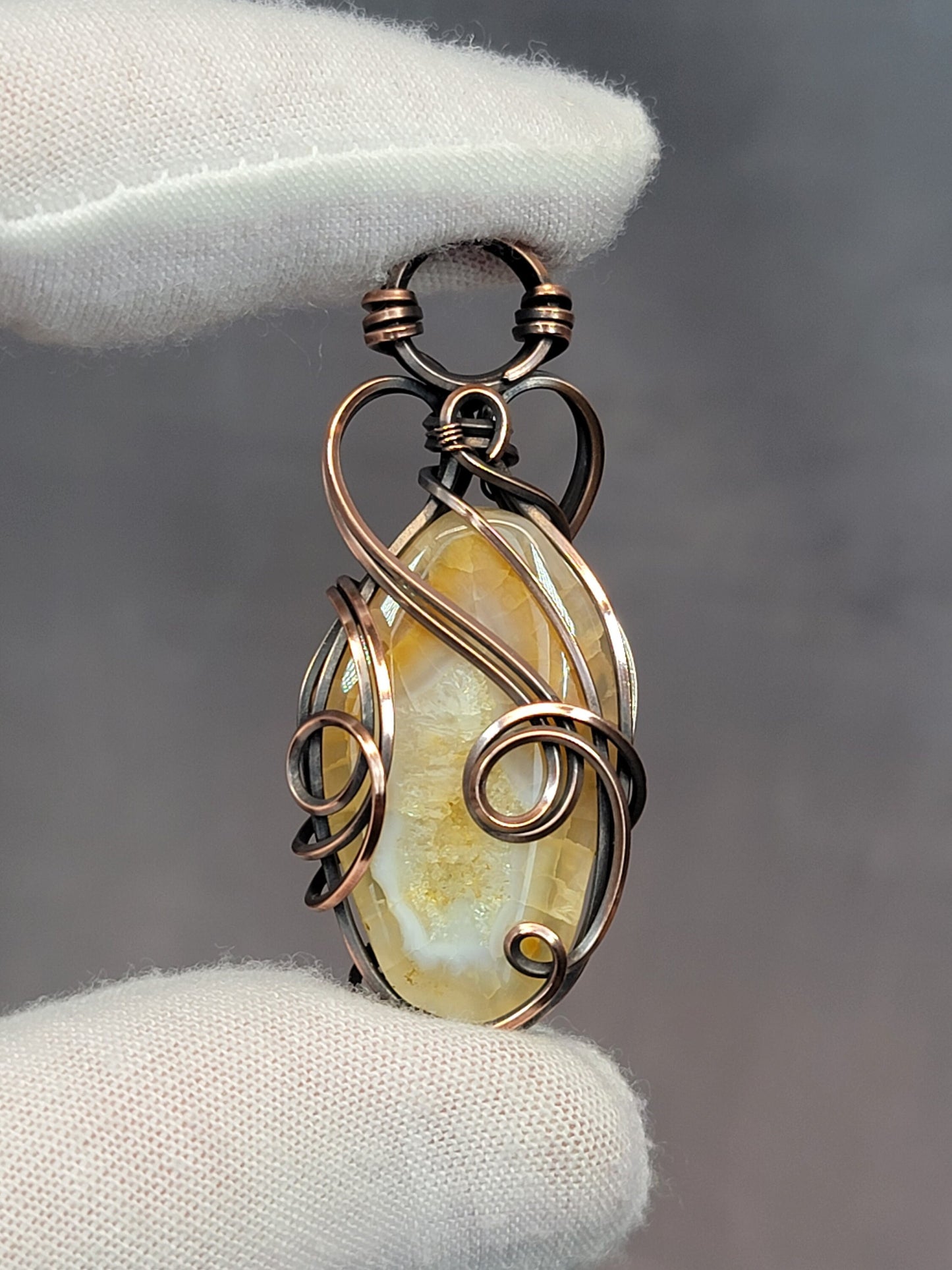 Honey Agate Druzy Necklace - 'Tyet' - Wire Wrap Pendant - Oxidized Copper Jewelry