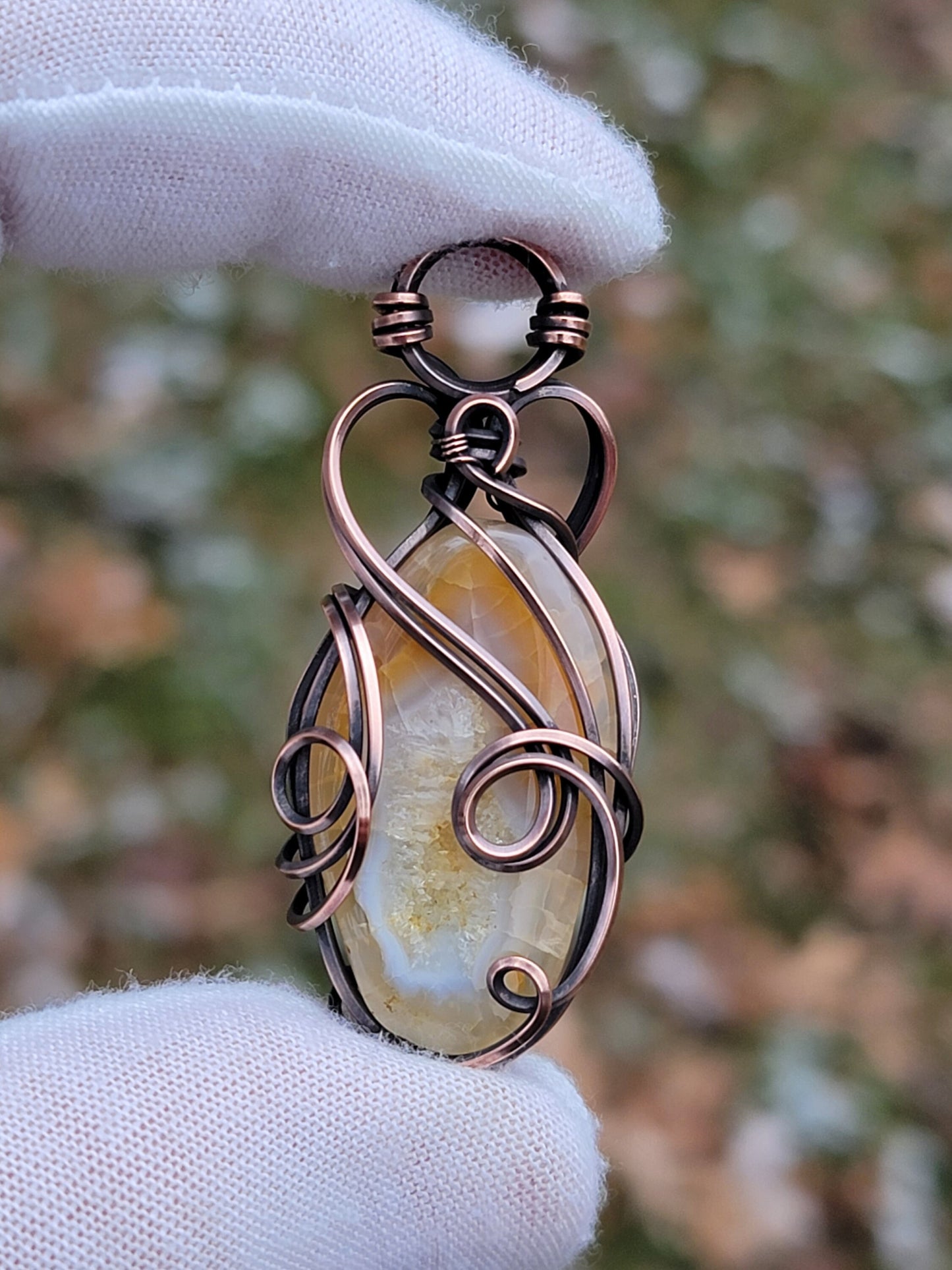 Honey Agate Druzy Necklace - 'Tyet' - Wire Wrap Pendant - Oxidized Copper Jewelry