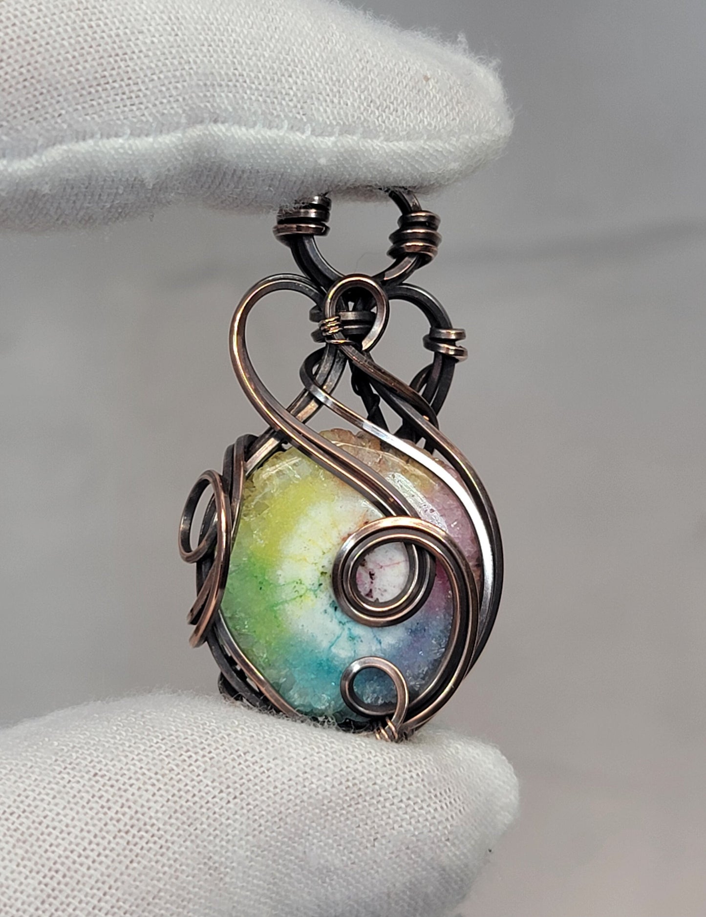 Dyed Solar Quartz Rainbow Necklace - 'Tyet' Wire Wrap Pendant - Copper Jewelry