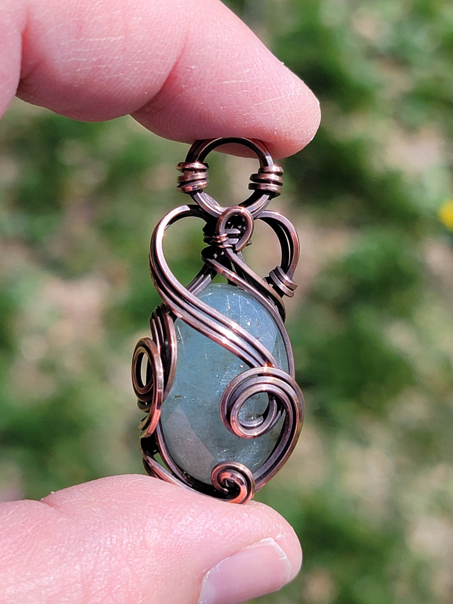 Faceted Aquamarine Necklace - 'Tyet' - Wire Wrap Pendant - Copper Jewelry