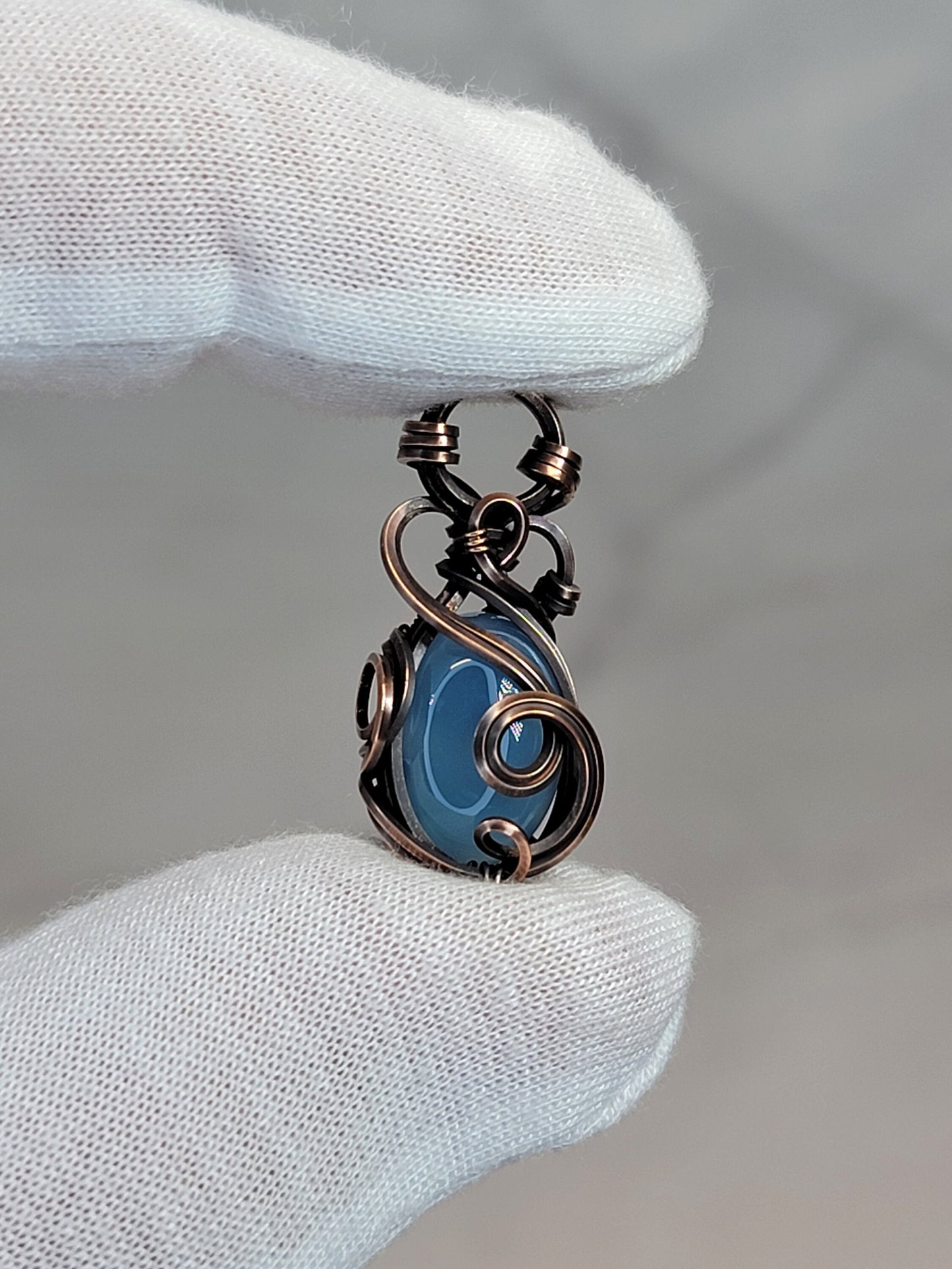 Blue Chalcedony Necklace - 'Tyet' - Wire Wrap Mini Pendant - Oxidized Copper Jewelry