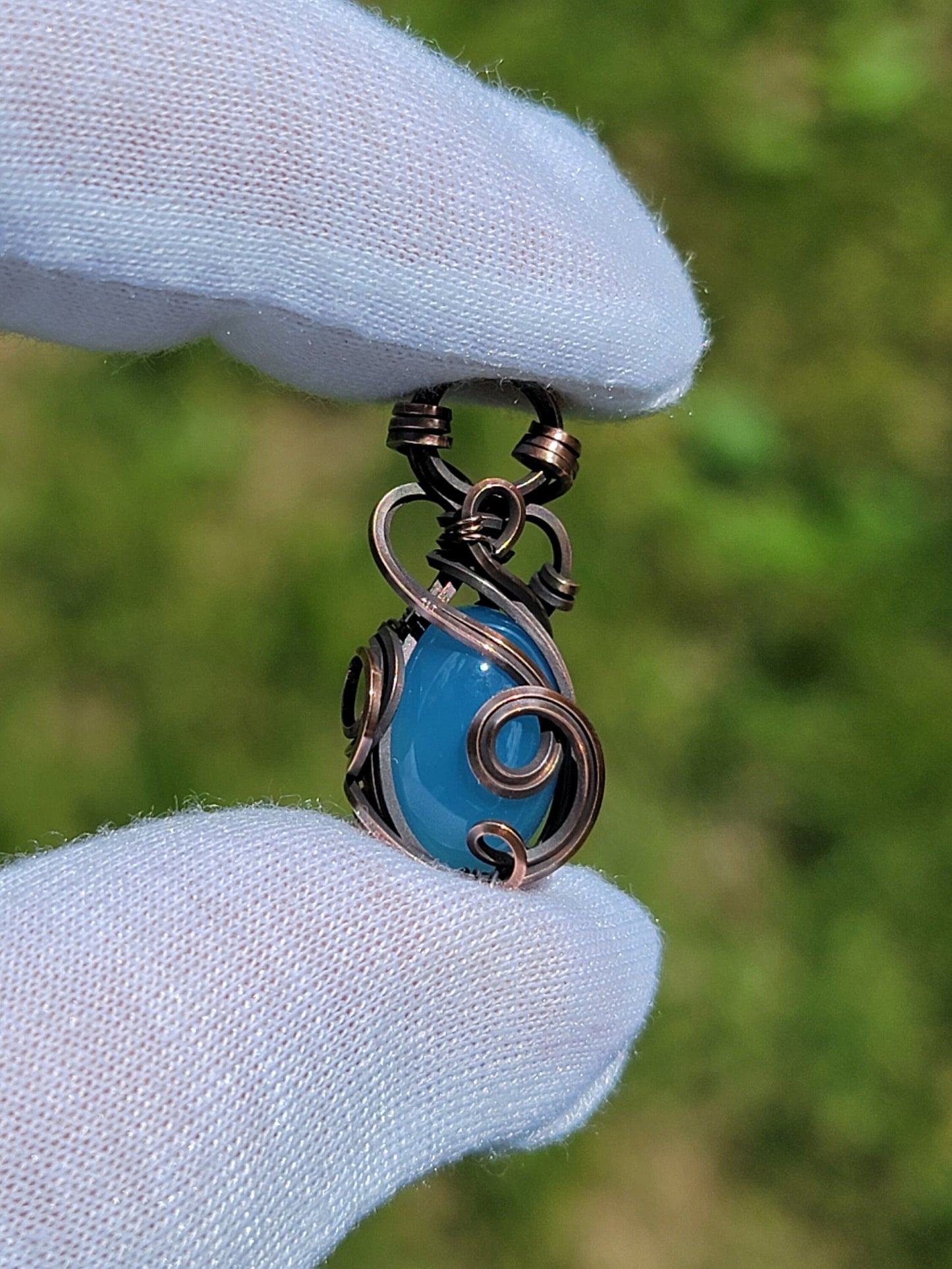 Blue Chalcedony Necklace - 'Tyet' - Wire Wrap Mini Pendant - Oxidized Copper Jewelry