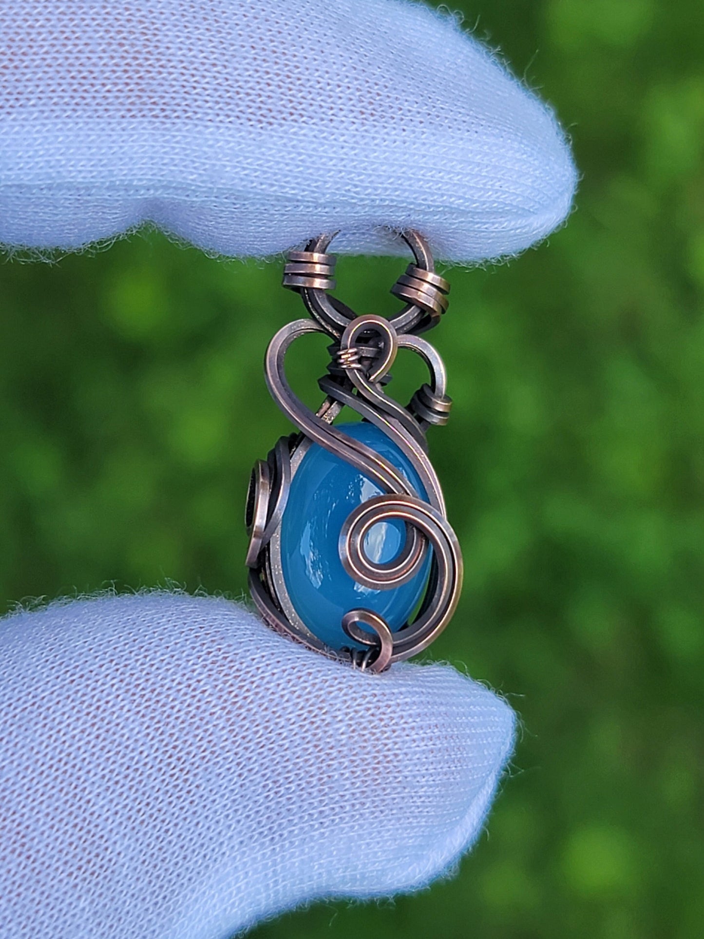 Blue Chalcedony Necklace - 'Tyet' - Wire Wrap Mini Pendant - Oxidized Copper Jewelry