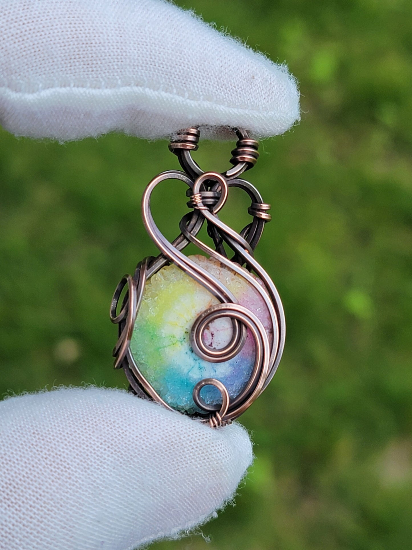 Dyed Solar Quartz Rainbow Necklace - 'Tyet' Wire Wrap Pendant - Copper Jewelry