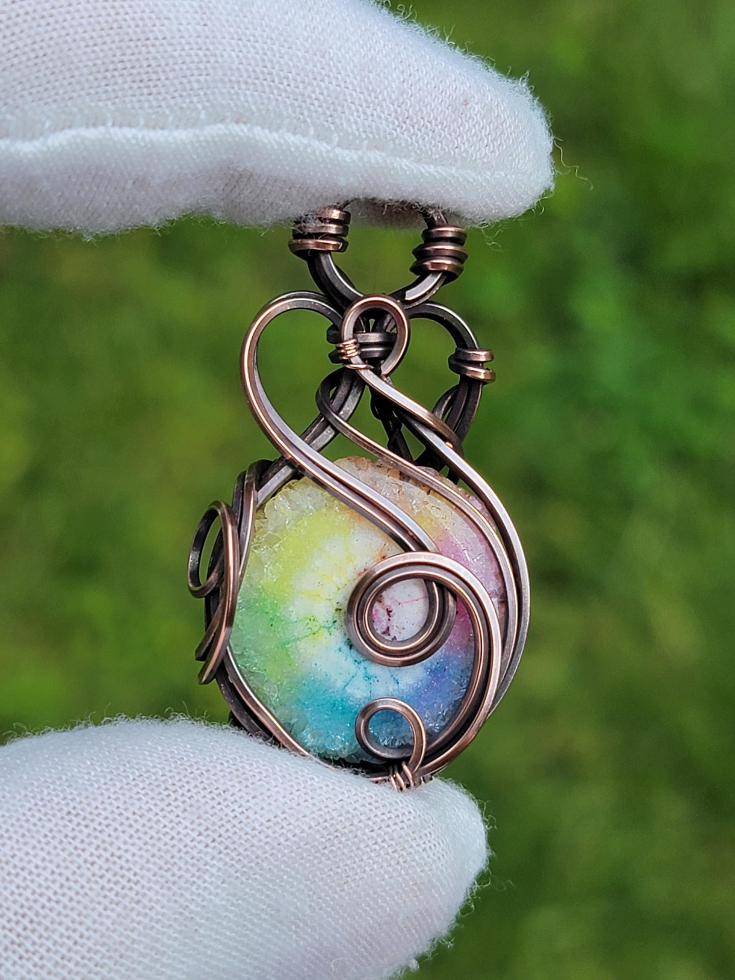 Dyed Solar Quartz Rainbow Necklace - 'Tyet' Wire Wrap Pendant - Copper Jewelry