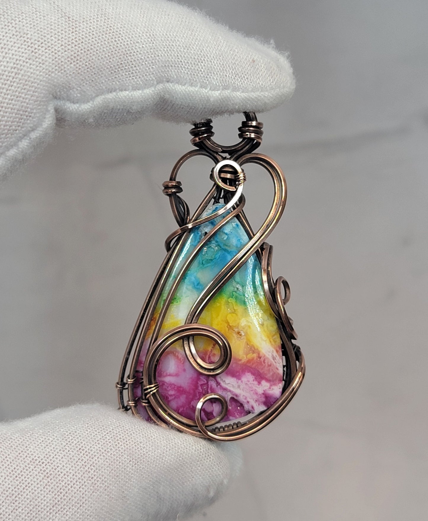 Dyed Quartz Rainbow Necklace - 'Tyet' Wire Wrap Pendant - Copper Jewelry