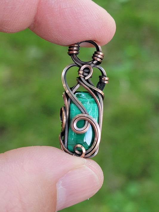 Malachite Necklace - 'Tyet' - Wire Wrap Mini Pendant - Copper Jewelry