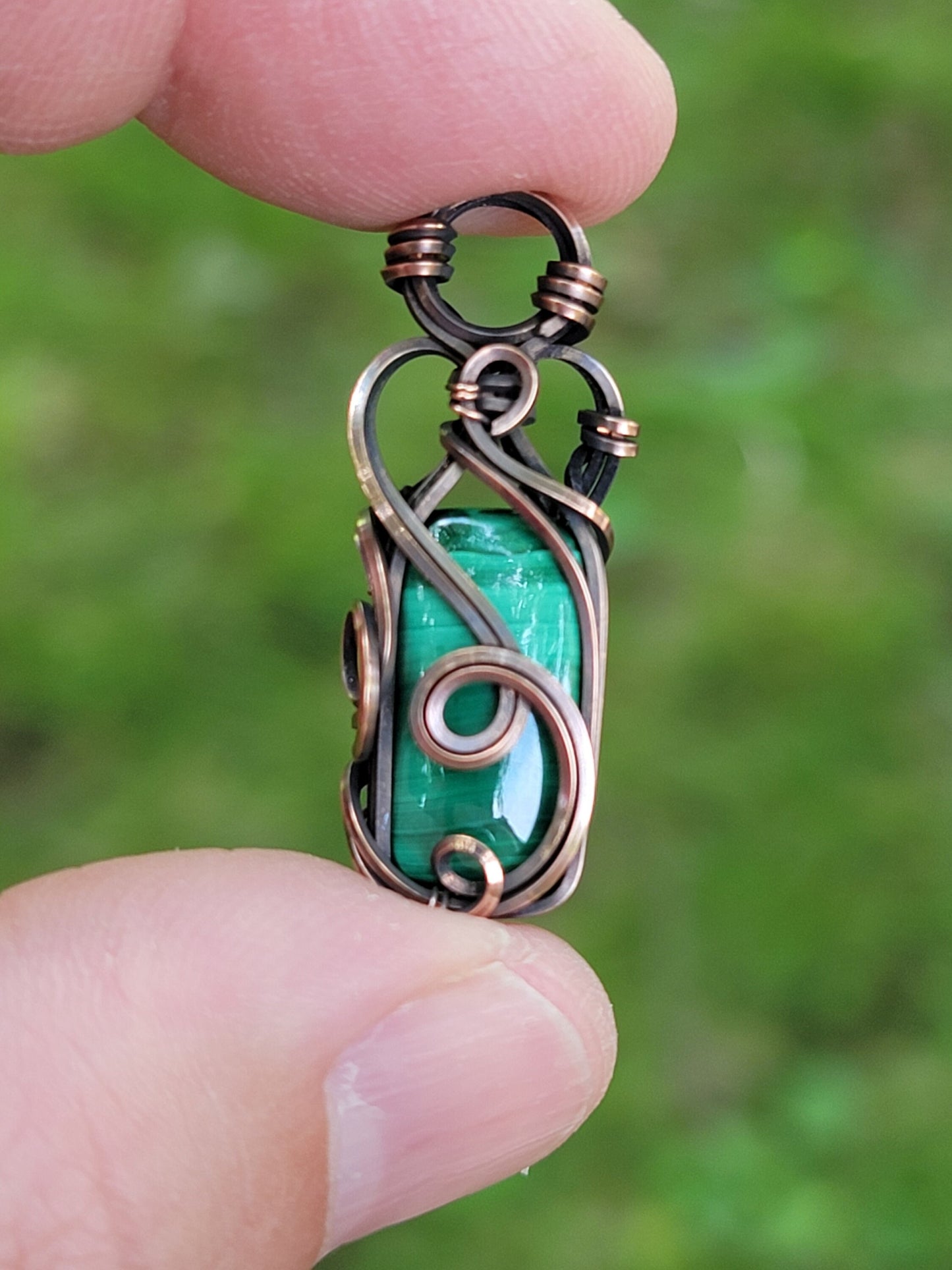 Malachite Necklace - 'Tyet' - Wire Wrap Mini Pendant - Copper Jewelry