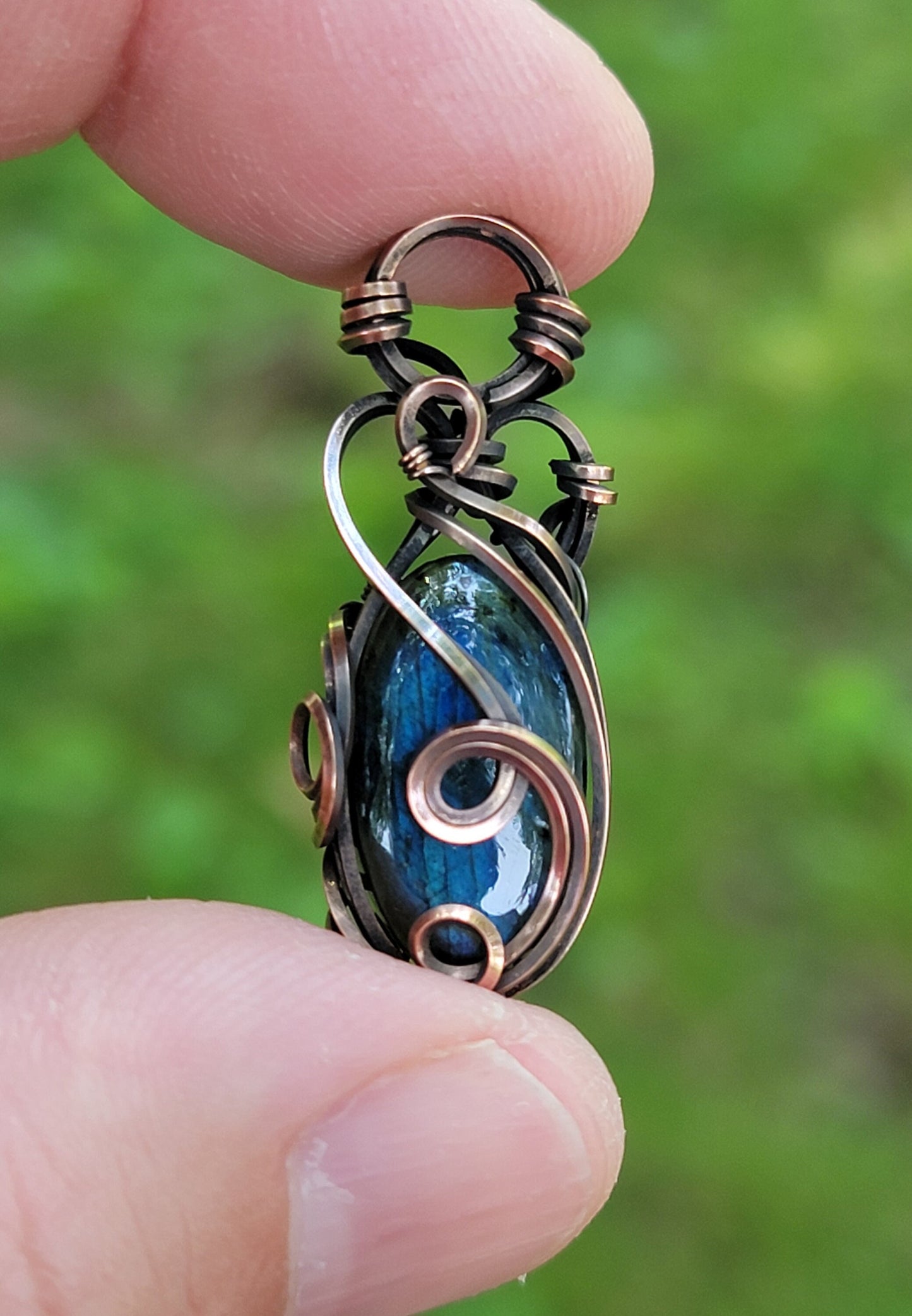 Blue Labradorite Necklace - 'Tyet' - Wire Wrap Pendant - Copper Jewelry