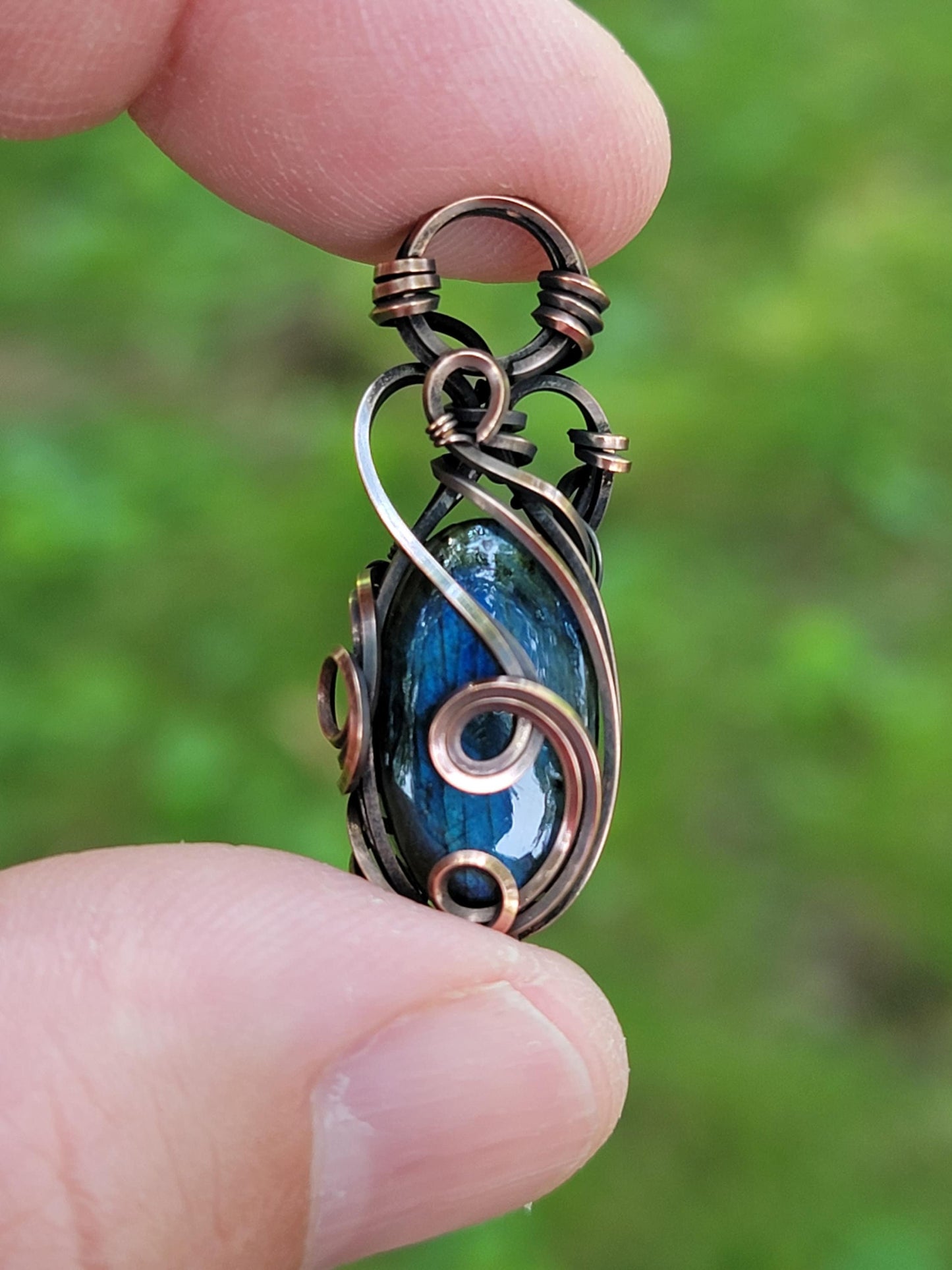 Blue Labradorite Necklace - 'Tyet' - Wire Wrap Pendant - Copper Jewelry