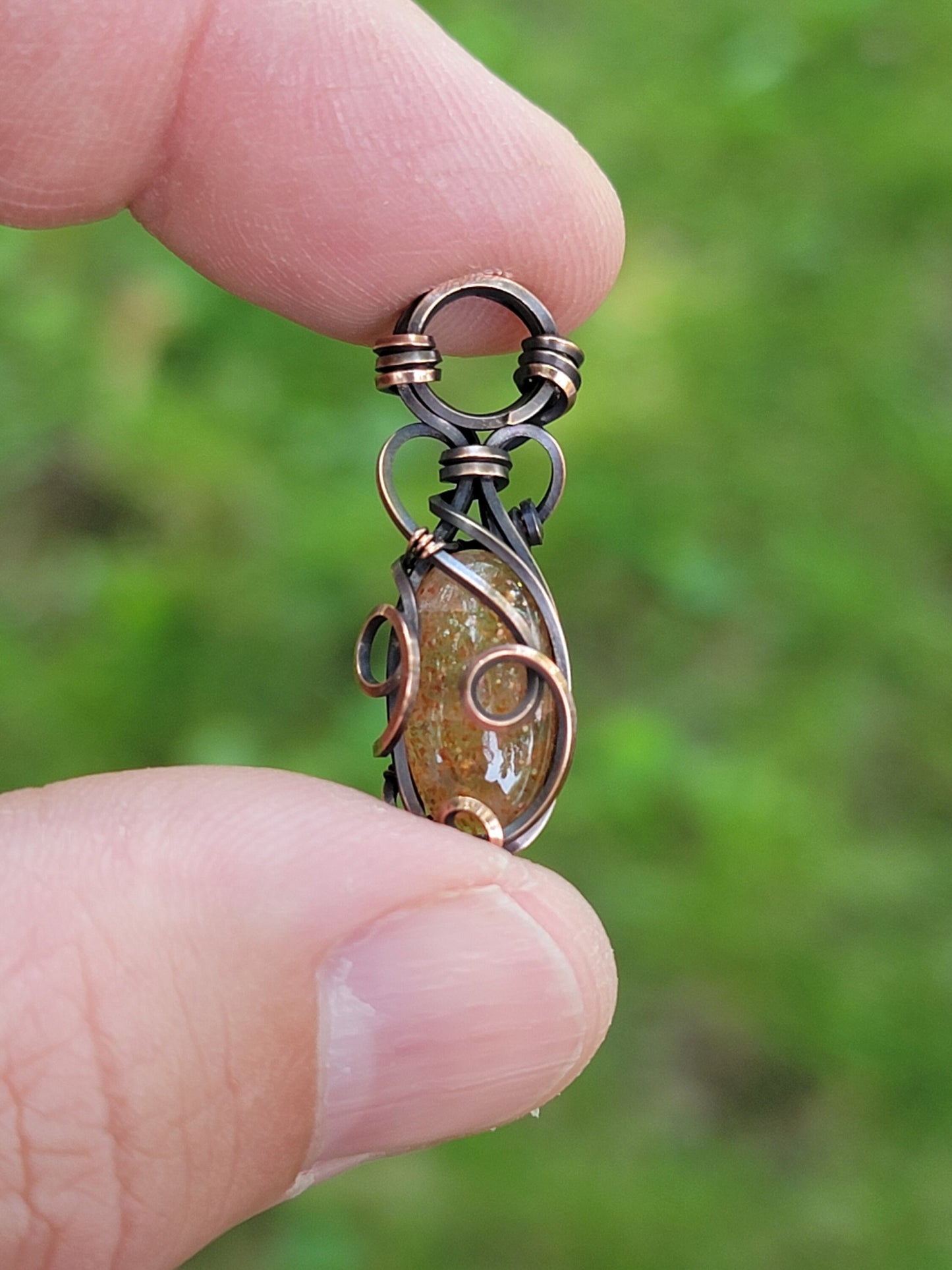 Confetti Sunstone Necklace - 'Tyet' - Wire Wrap Mini Pendant - Copper Jewelry