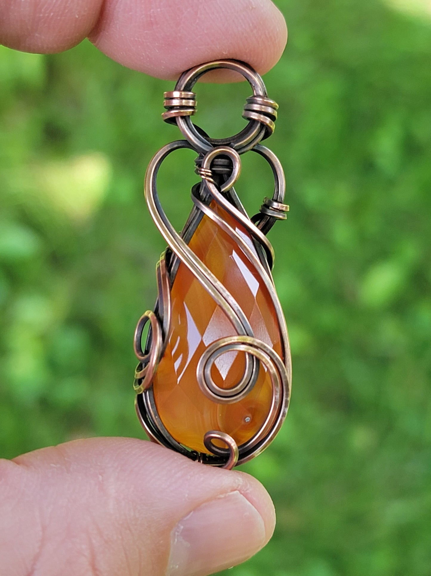 Faceted Carnelian Necklace -  'Tyet' Wire Wrap Pendant - Oxidized Copper Jewelry