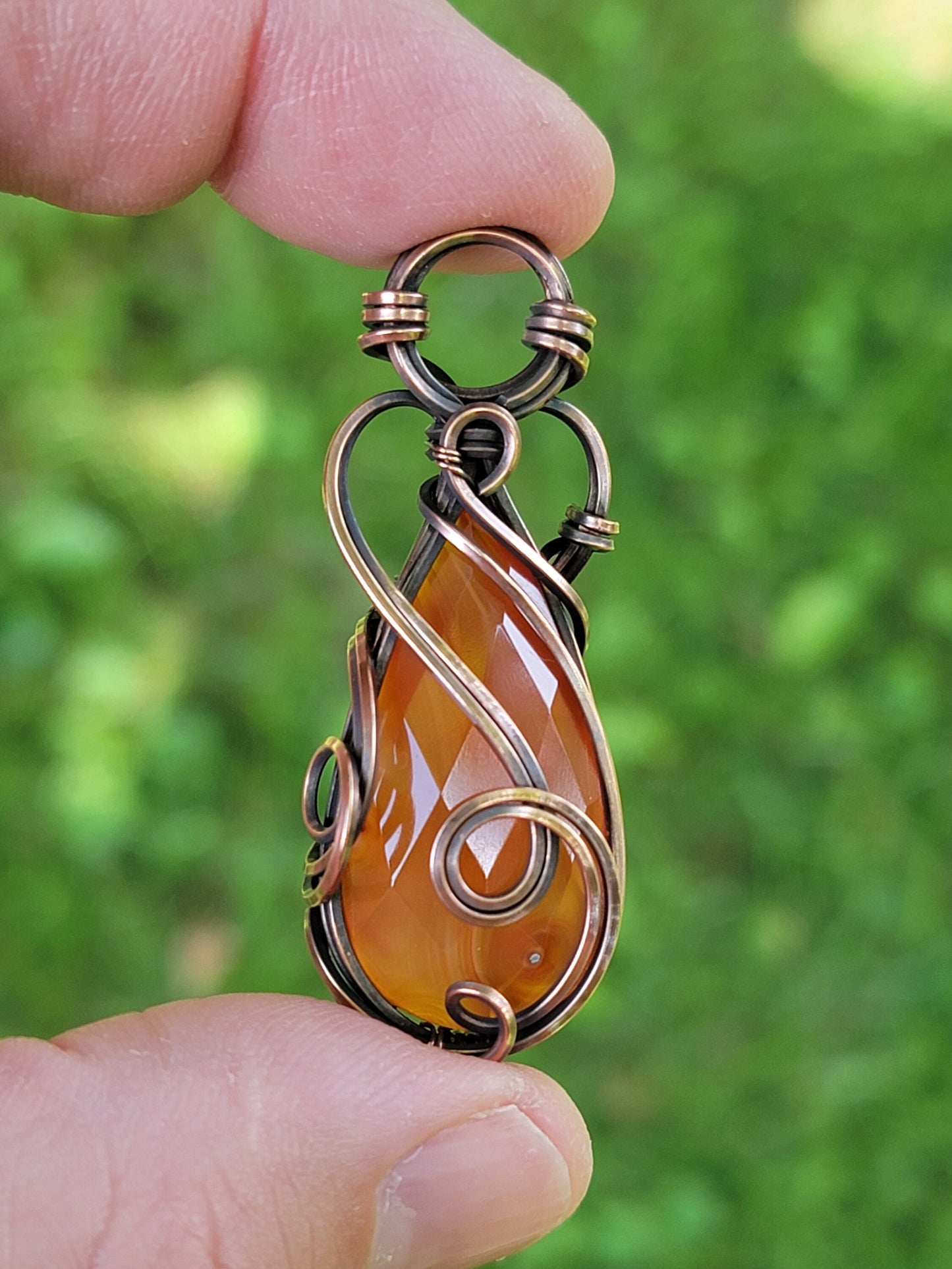 Faceted Carnelian Necklace -  'Tyet' Wire Wrap Pendant - Oxidized Copper Jewelry