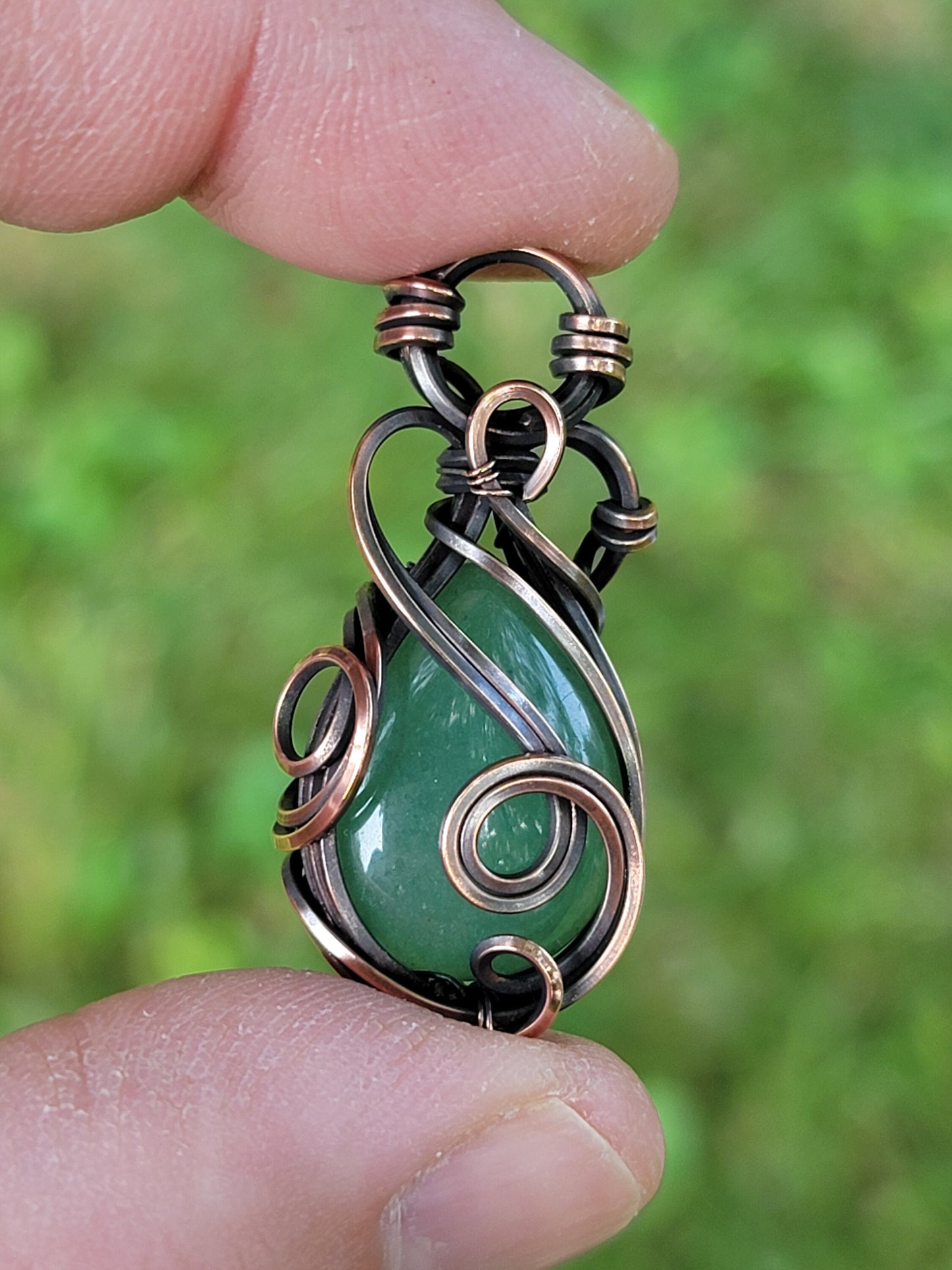 Adventurine Necklace -'Tyet' - Wire Wrapped Pendant - Copper Jewelry