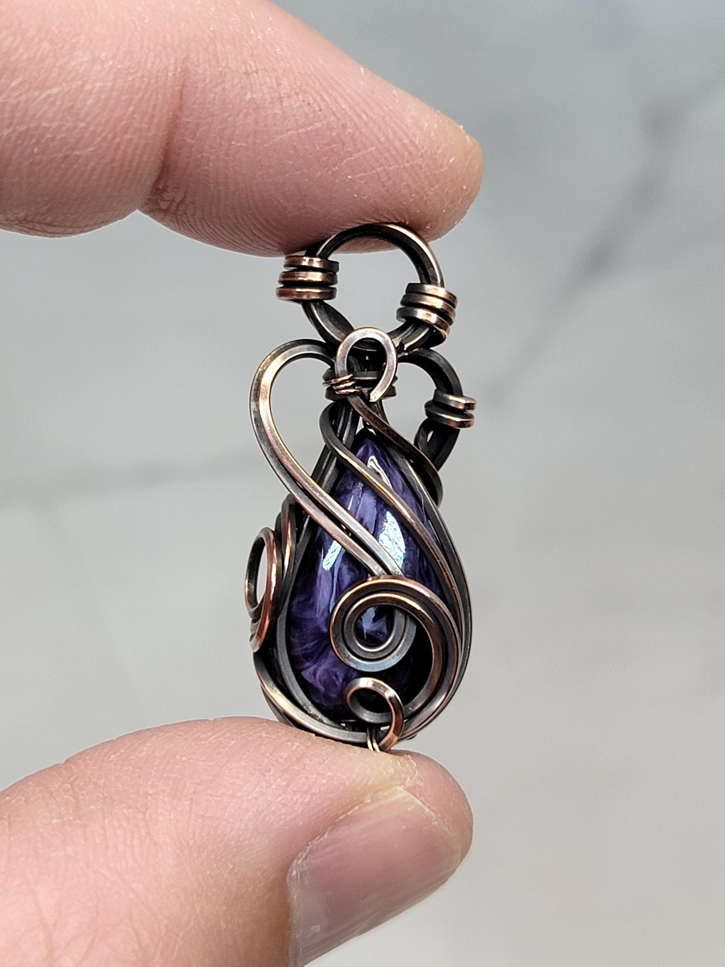 Charoite Necklace - 'Tyet' - Wire Wrap Pendant - Copper Jewelry