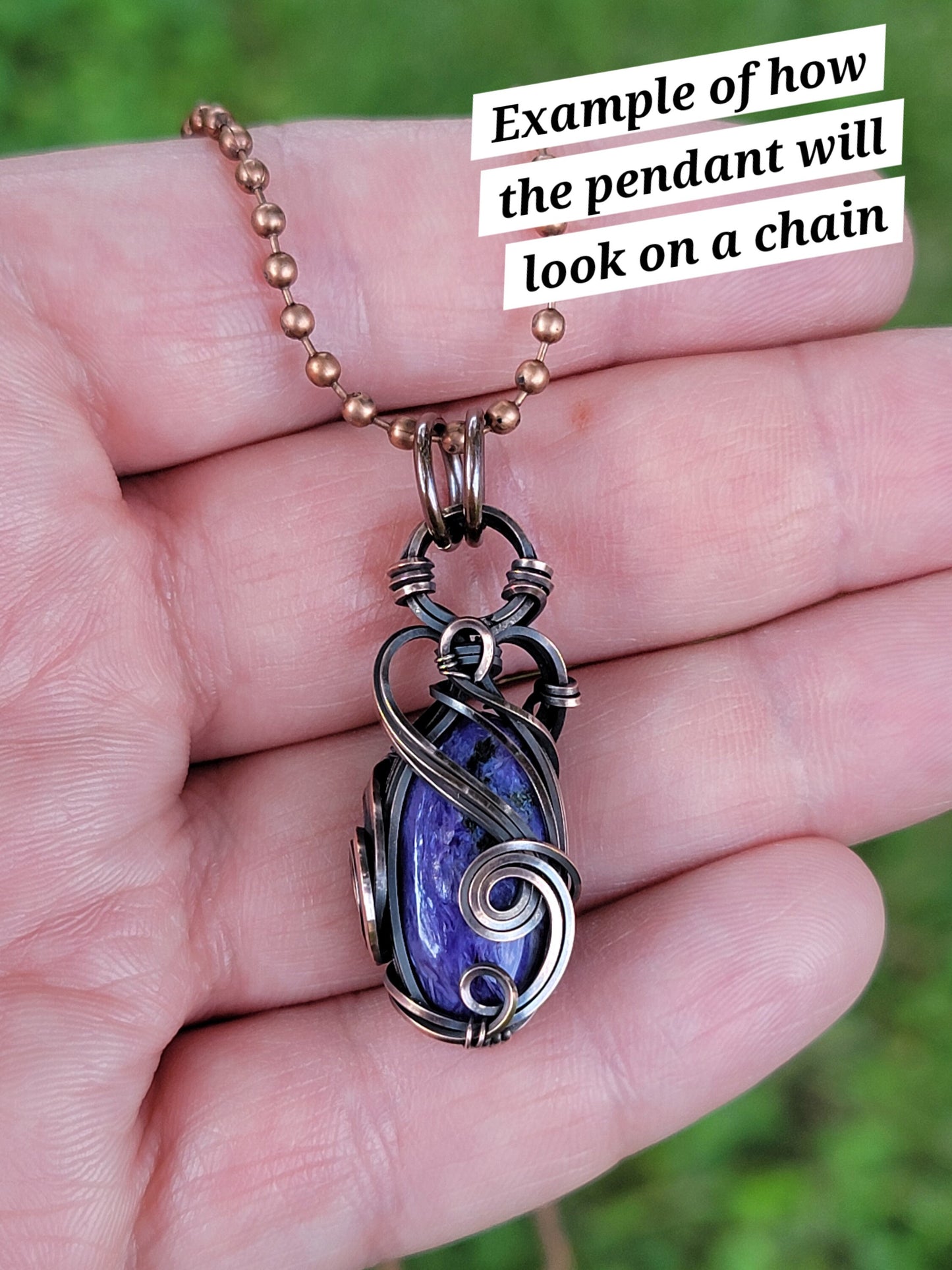 Charoite Necklace - 'Tyet' - Wire Wrap Pendant - Copper Jewelry