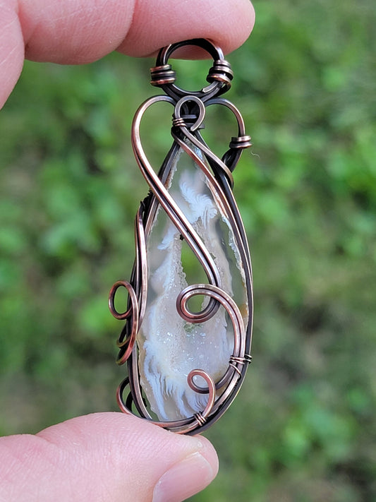 Occo Agate Druzy Slice Necklace - 'Tyet' - Wire Wrap Pendant - Oxidized Copper Jewelry